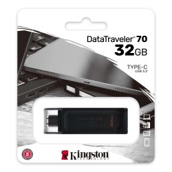 Kingston DataTraveler 70 Memoria USB Tipo C 32GB - USB-C 3.2 Gen 1 - Con Tapa - Color Negro (Pendrive)